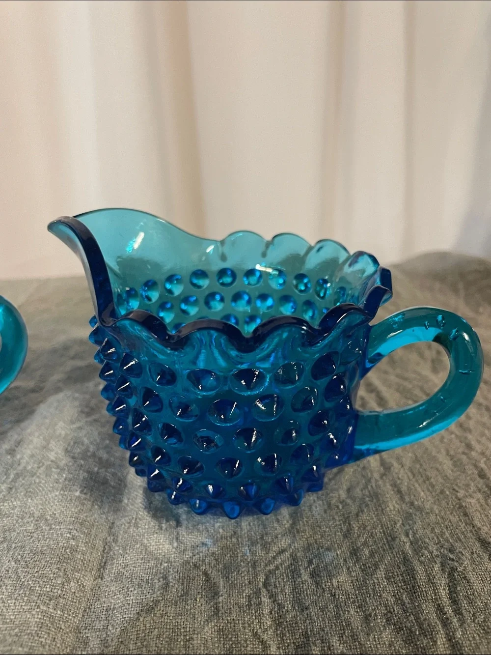 Vintage Blue Hobnail Glass Creamer and Sugar Set